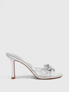 CUCCOO SZL Sandalias de tacón alto sexy de 9 cm con puntera puntiaguda, decoración floral y hebilla, de PU metalizado, adecuadas para citas y fiestas - Plateado - Ver 10