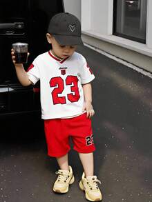 2pcs/Set  0-3 Years Old Infant/Toddler Boys' Casual Sports Set, Including 23# Print V-Neck Short Sleeve T-Shirt And Shorts, Suitable For All Seasons, Short Trips, Holidays, Outings, Relaxation, Daily Home Wear, Layering, Fits 3 Months To 24 Months Baby Boys, Infant/Toddler Boys Clothing, Street Style Infant/Toddler Boys Outfit Baby Boy Football Clothes Toddler Jersey Set 2t Boy Sets Baby Boy Street Wear - Multicolor - View 3