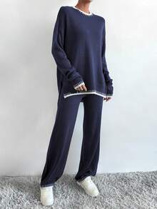SHEIN LUNE 2pcs Women Casual Contrast Color Ribbed Hem Split Sweater And Pants Set, Autumn/Winter - Multicolor - View 4