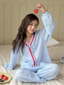 DAZY 少女格子长袖上衣和裤子睡衣套装，秋季 - 淺藍色 - 查看 2