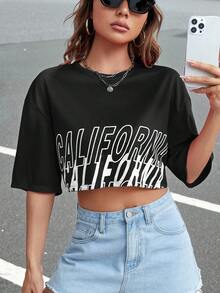 Muchica Letter Graphic Drop Shoulder Crop Tee - Black - View 4