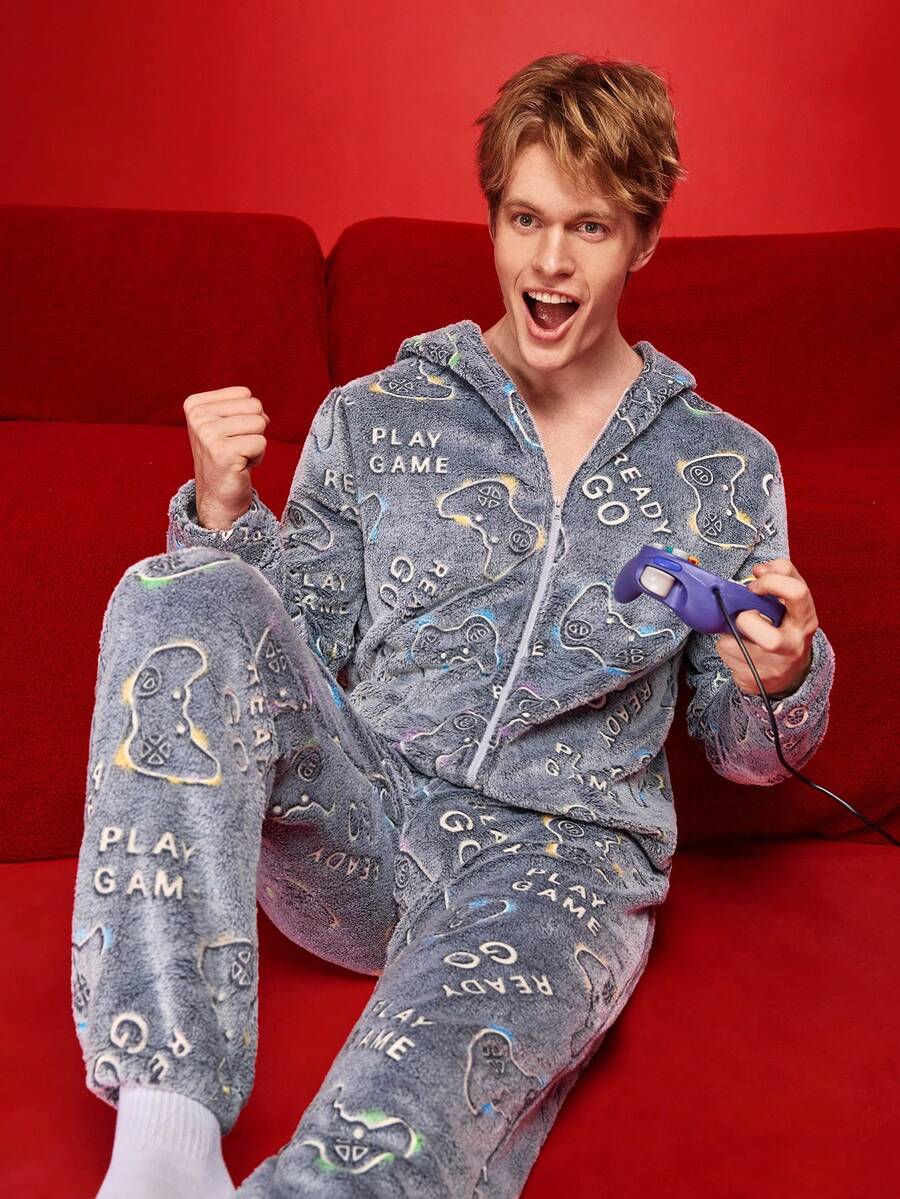 Autumn/Winter Plush Fluffy Funny Game Console Men's Jumpsuit Loungewear - Multicolor - View 1