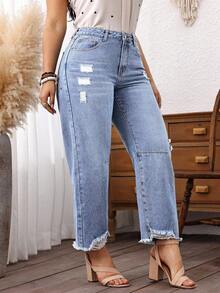 EMERY ROSE Plus Size Women Cowgirl Blue Inelastic Distressed Frayed Hem Loose Fit Cropped Jeans, Rodeo - Blue - View 5