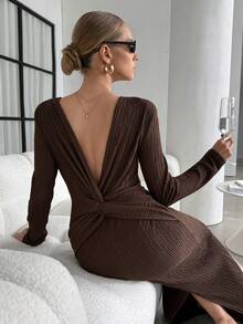 SHEIN Lavishia Women's Elegant Commuter Solid Color Twist Bodycon Dress - Brown - View 1