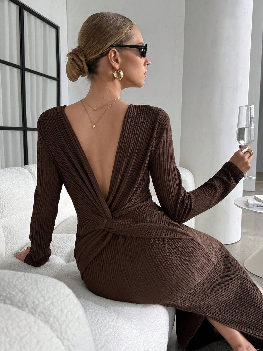 SHEIN Lavishia Women's Elegant Commuter Solid Color Twist Bodycon Dress - Brown - View 1