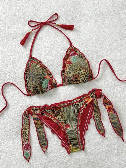 Soleia Plus Size Women Vintage Colorful Leopard, Zebra, Floral Print Ruffle Tie Front Tassel Decor Beach Bikini Set