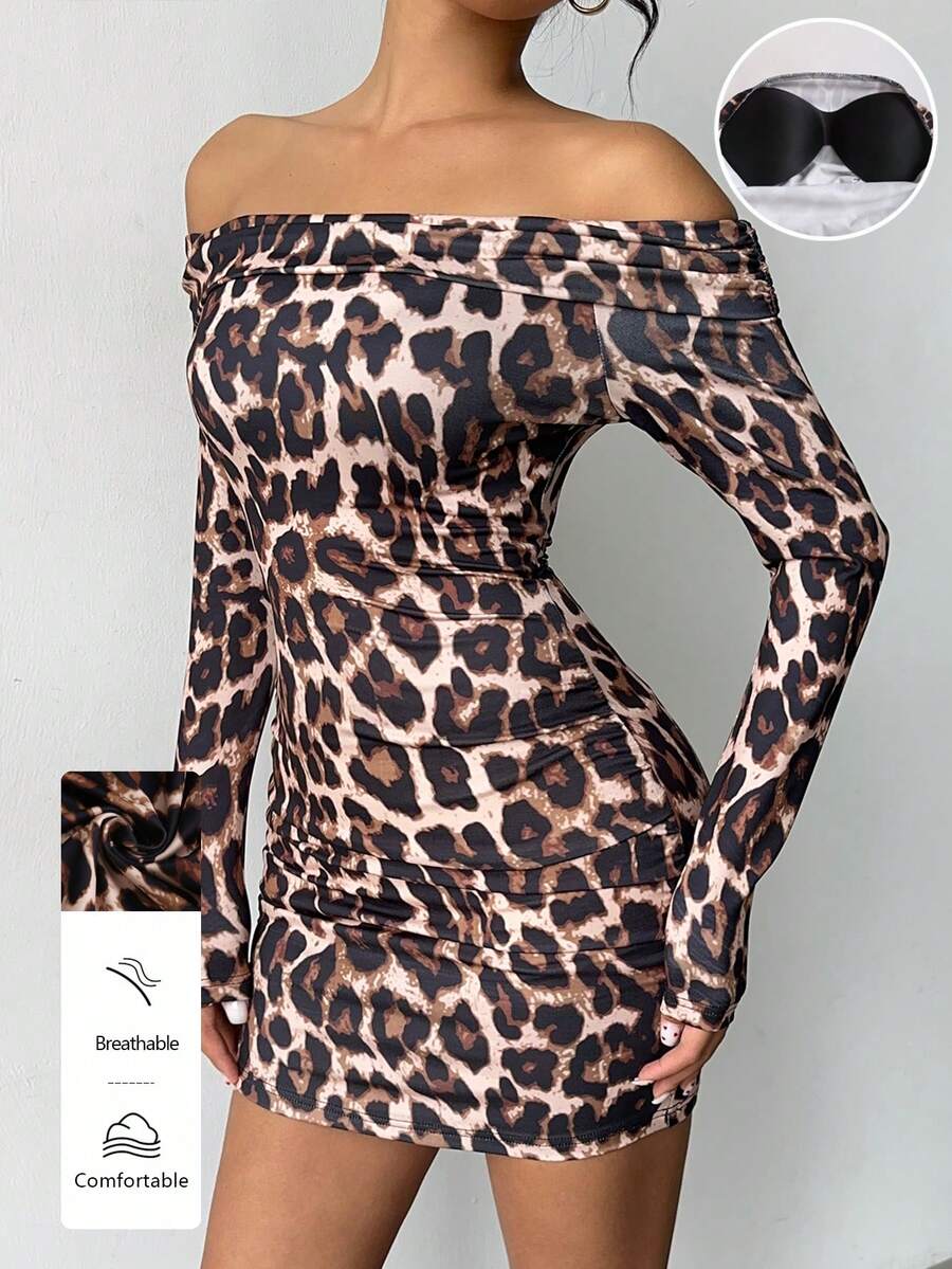 FavEase Vestido de verano con estampado de leopardo para mujer: Top sexy con hombros descubiertos con sujetador incorporado, vestido mini ajustado para citas, despedidas de soltera y fiestas de Año Nuevo.