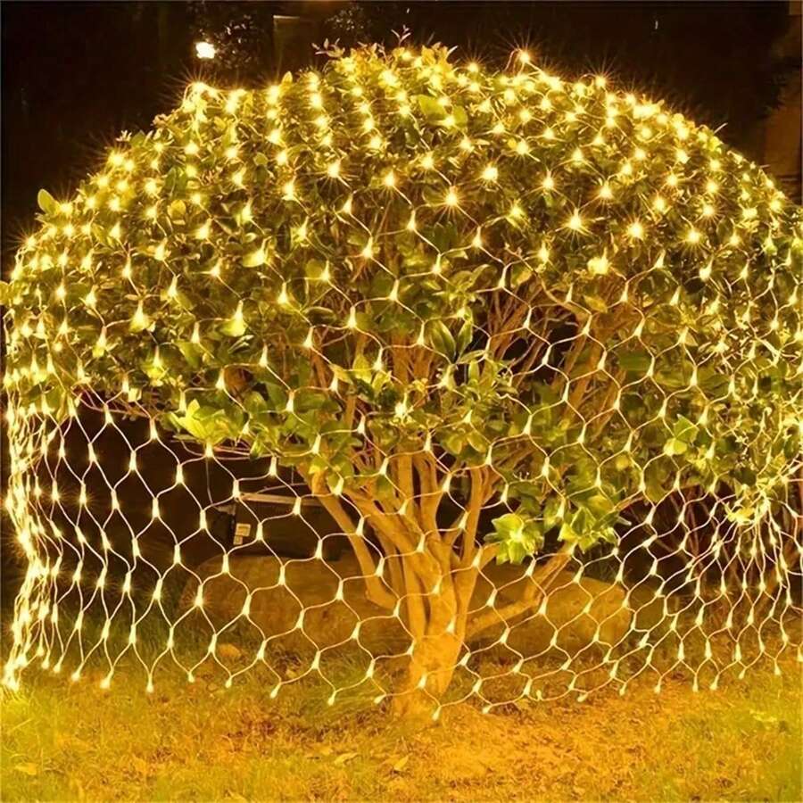1 Guirnalda de luces solares de malla perfecta para árboles, patios, jardines, fiestas, balcones y decoraciones de pared, con múltiples modos de iluminación intermitente, control de botón, alimentación con panel solar - Multicolor - Ver 1