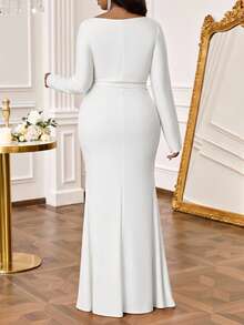 Fleurora Autumn And Winter Elegant Party Wedding Cocktail Concert/Music Festival White Knitted Metal Off-The-Shoulder Mermaid Ruffle Long Sleeve Plus Size Dress Long Sleeve Elegant Dress White Mermaid Dress White Dinner Dress Long Sleeve Gown Elegant White Dress Curve  Winter Dress   New Year Dress  White Outfit For New Year's Eve White Dress Réveillon Elegant Party Dresses Spring Outfit Women  Party Dress  Wedding Guest Dress For Women  Birthday Dress - White - View 2