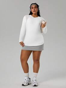 SHEIN Sports 大码女式几何网眼拼接圆领长袖运动T恤 - 白色 - 查看 7