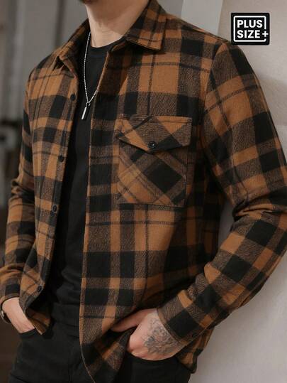 Manfinity Homme Chaqueta de leñador de talla grande para hombre, estilo vintage casual a cuadros con botones delanteros, para otoño