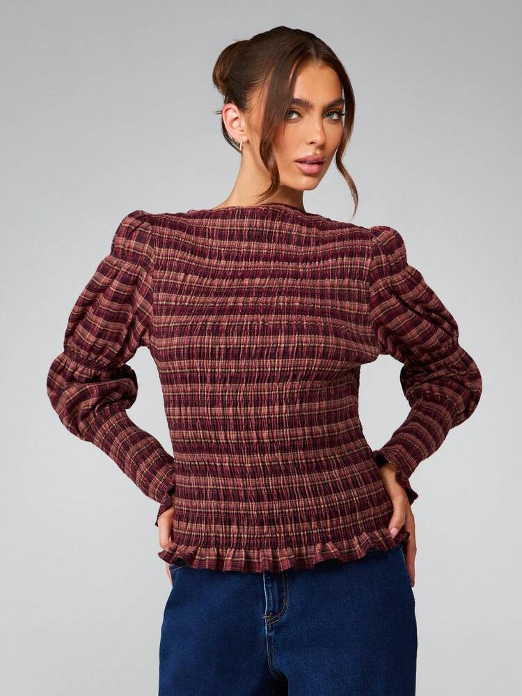 MISSGUIDED Blusa de Manga Longa com Estampa Xadrez Borgonha, Mangas Bufantes e Detalhes Smocked para Ocasiões de Outono, Inverno e Festas
