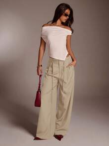 SHEIN Forever 21 女士休闲纯色简约口袋裤 - 杏色 - 查看 3