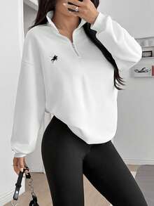 SHEIN EZwear Old Money Casual Sets For Women Casual Versatile College Style Solid Color Sweatshirt And Leggings Women Set - White - View 6