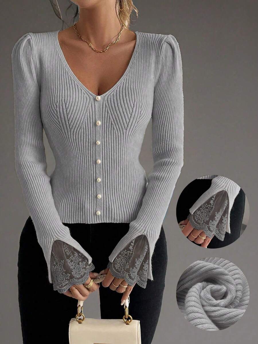 SHEIN LUNE Sweater Rajut Lengan Mengembang Model Pas Badan dengan Kerah V dan Hiasan Mutiara, Motif Renda Prancis, Lengan Panjang - Grey - View 1