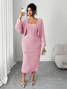 Elenzga 情人节加大码优雅纯色针织连衣裙，花卉针织设计，搭配蝙蝠袖开衫套装，情人节 - 粉色 - 查看 6