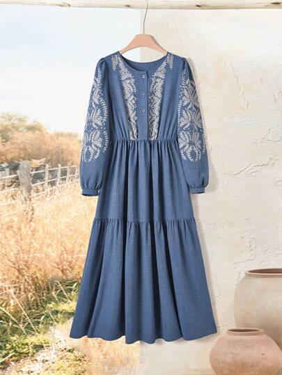 Rusticease Women's Embroidered Button Ruffle Hem Casual Long Sleeve Dress  Elegant Dresses For Women  Casual Dress Blue Dress Blue Maxi Dress Women Dusty Blue Women Dress Cottagecore Dress