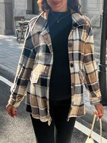 SHEIN Plaid Pattern Maternity Regular Jacket, Fleece Outerwear For Autumn/Winter - Multicolor - View 6