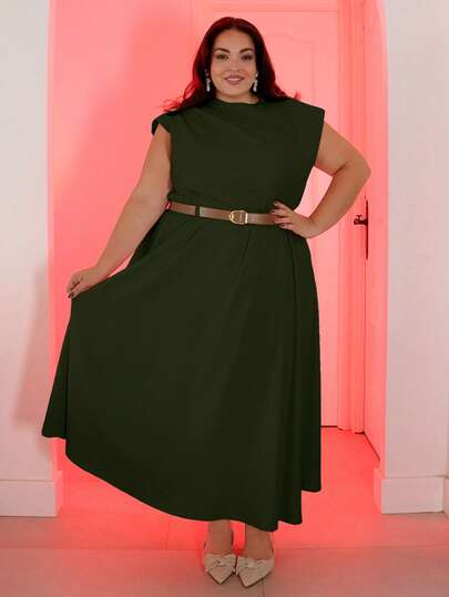 Pretty and Ole Plus Size Women Solid Color Sleeveless Dress, Elegant Office Dress (With Belt) Dress Green Vintage Clothes Olive Dress Elegant Summer Outfits Dress Casual Christmas Outfit