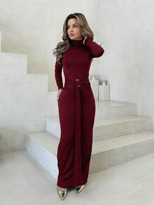 Jemour New Slim Fit Thermal Stand Collar Long Sleeve Cinched Waist Extra Long Versatile Dress, Autumn/Winter - Burgundy - View 6
