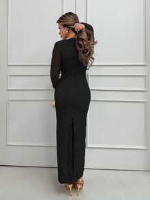 Jemour 女式新款夏季派对约会晚会性感S型蕾丝长袖胸罩鱼骨方领紧身黑色长裙 - 黑色 - 查看 2