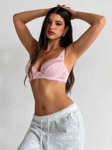 Aloruh 女士们，新年，派对，放松身心，外出，聚会，通勤，约会，优雅性感蕾丝，红色，聚会，3/4罩杯文胸套装，2件女士纯色撞色蕾丝钢圈文胸，粉色内衣，舒适优雅细节 - 淺粉色 - 查看 5