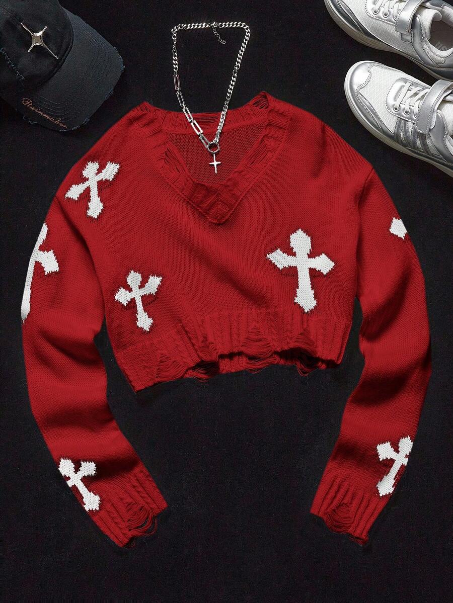 Coolane Kids Tween Girl Red And White Autumn Streetwear Y2K Cute V-Neck Long Sleeve Cross Pattern Jacquard Fringe Sweater,Parent-Child Holiday Christmas New Years - Red - View 1