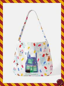 HARRY POTTER X SHEIN 1个花卉蝴蝶图案大容量单肩手提包，适合露营、旅行、购物、上学、工作等场合。 - 糖果 - 查看 1