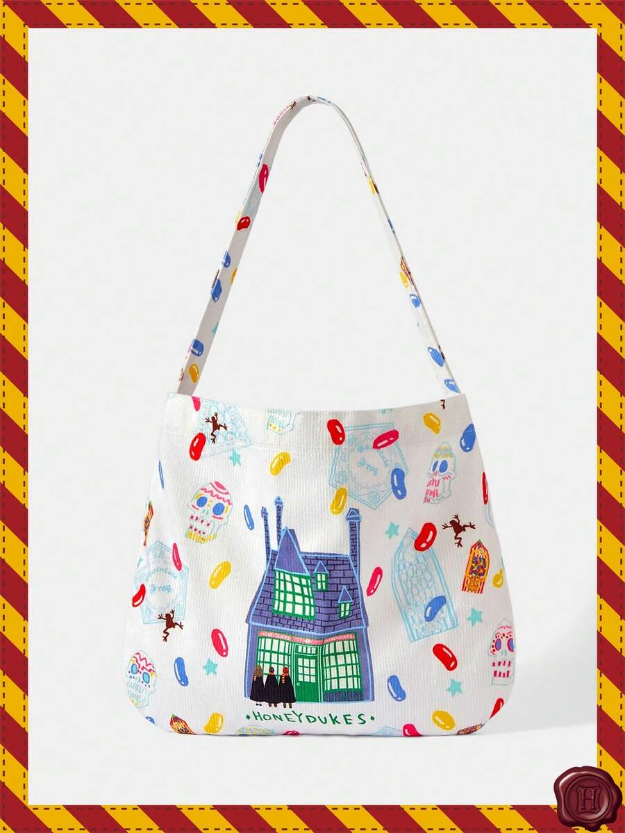 HARRY POTTER X SHEIN 1个花卉蝴蝶图案大容量单肩手提包，适合露营、旅行、购物、上学、工作等场合。 - 糖果 - 查看 1