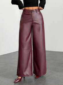 SHEIN PETITE Women's Burgundy Red Leather Women Pants Plain Front-Button Minimalist Casual Pants, Daily Wear,Women Bottoms - Burgundy - View 4