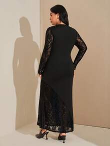 SHEIN Tall CURVE Váy maxi đuôi cá xẻ tà cổ lệch vai thanh lịch gợi cảm màu đen ren chắp vá cỡ lớn, phù hợp cho phong cách tiệc tùng & tối màu, váy thu/đông, váy hè, váy tiệc trà quần áo mùa xuân - màu đen - Xem 2