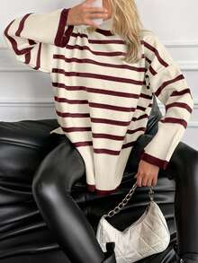 EURMUSE Maglione casual a maniche lunghe da donna con collo alto e motivo a righe - Multicolore - Visualizzare 1