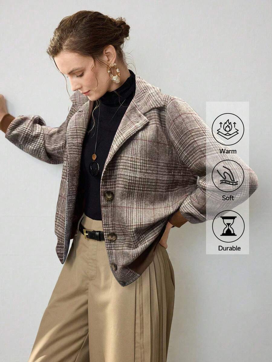 Uhlyne 秋冬新款时尚梭织翻领格子优雅长袖休闲修身纽扣设计女式夹克外套 - 彩色 - 查看 1