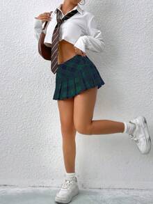 SHEIN EZwear Váy xếp ly mini họa tiết kẻ caro thời trang mùa xuân - Màu xanh lá cây đậm - Xem 4