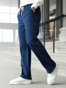 Manfinity Homme Men's Drawstring Waist Pockets Straight Loose Casual Versatile Jeans - Blue - View 8