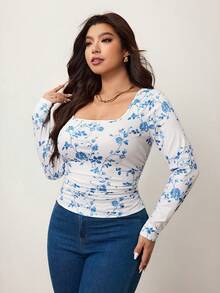 Enliva Rose Floral Print Loose Fit Crew Neck T-Shirt, Plus Size, Suitable For Spring & Autumn - Multicolor - View 8