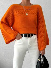 EURMUSE Cable Knit Batwing Sleeve Sweater - Orange - View 1
