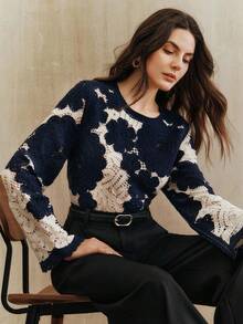 Anewsta Women's Floral Pattern Hollow Round Neck Long Sleeve Fashionable Sweater - Navy Blue - View 6
