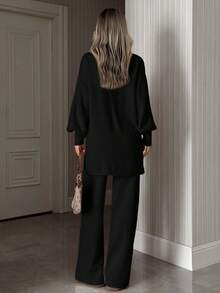 EURMUSE Women Heart Embroidery Balloon Sleeve Sweater And Pant Knit Set - Black - View 2