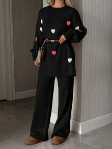 EURMUSE Women Heart Embroidery Balloon Sleeve Sweater And Pant Knit Set - Black - View 6