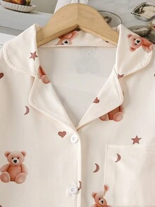 女童杏色小熊图案阻燃睡衣套装（长裤和长袖） - 杏色 - 查看 7