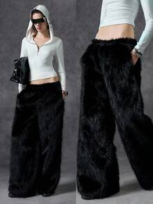 LYSMO 新款极简主义冬季女装时尚纯色蓬松长裤，冬季流苏裤飘逸裤黑色阔腿裤女式流苏裤荷叶边裤 - 黑色 - 查看 1