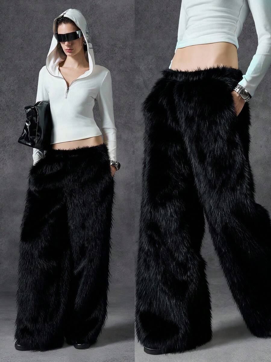 LYSMO 新款极简主义冬季女装时尚纯色蓬松长裤，冬季流苏裤飘逸裤黑色阔腿裤女式流苏裤荷叶边裤 - 黑色 - 查看 1