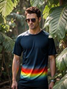 Manfinity Swimmode Summer Men's Ombre Round Neck Short Sleeve Rash Guard Men Summer Tshirts Men Tees Pride Shirt Men Gay Clothes Rainbow Shirt Men - Dusty Blue - View 3