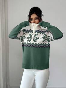SHEIN Elenzya 优雅女士费尔岛图案拼色拉链毛衣，圣诞节设计，秋冬 - 綠色 - 查看 5