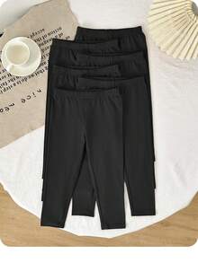 SHEIN 6条装女童休闲可爱百搭弹力腰针织黑色裤子 - 黑色 - 查看 7
