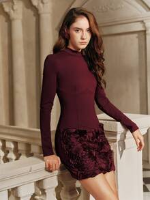 Anewsta Savoree 春季新款优雅花卉拼接长袖修身连衣裙，酒红色，适合派对和鸡尾酒会 - 酒紅色 - 查看 6