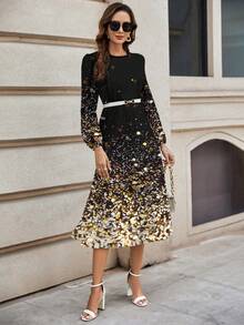 SHEIN Clasi Women's Round Neck Gradient Sequin Print Dress, Suitable For Autumn/Winter, Party, Christmas, New Year Spring - Multicolor - View 4