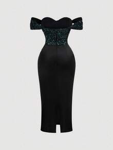 SHEIN MOD Plus Size Women's Sequin Patchwork Ruffle Off-Shoulder Elegant Party Dress - Dark Green - View 2