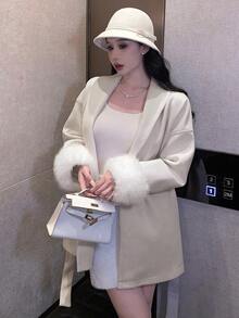 DAZY 女士羊毛大衣，配有毛绒拼布纯色抽绳腰带，适合情人节夹克 - 米色 - 查看 8